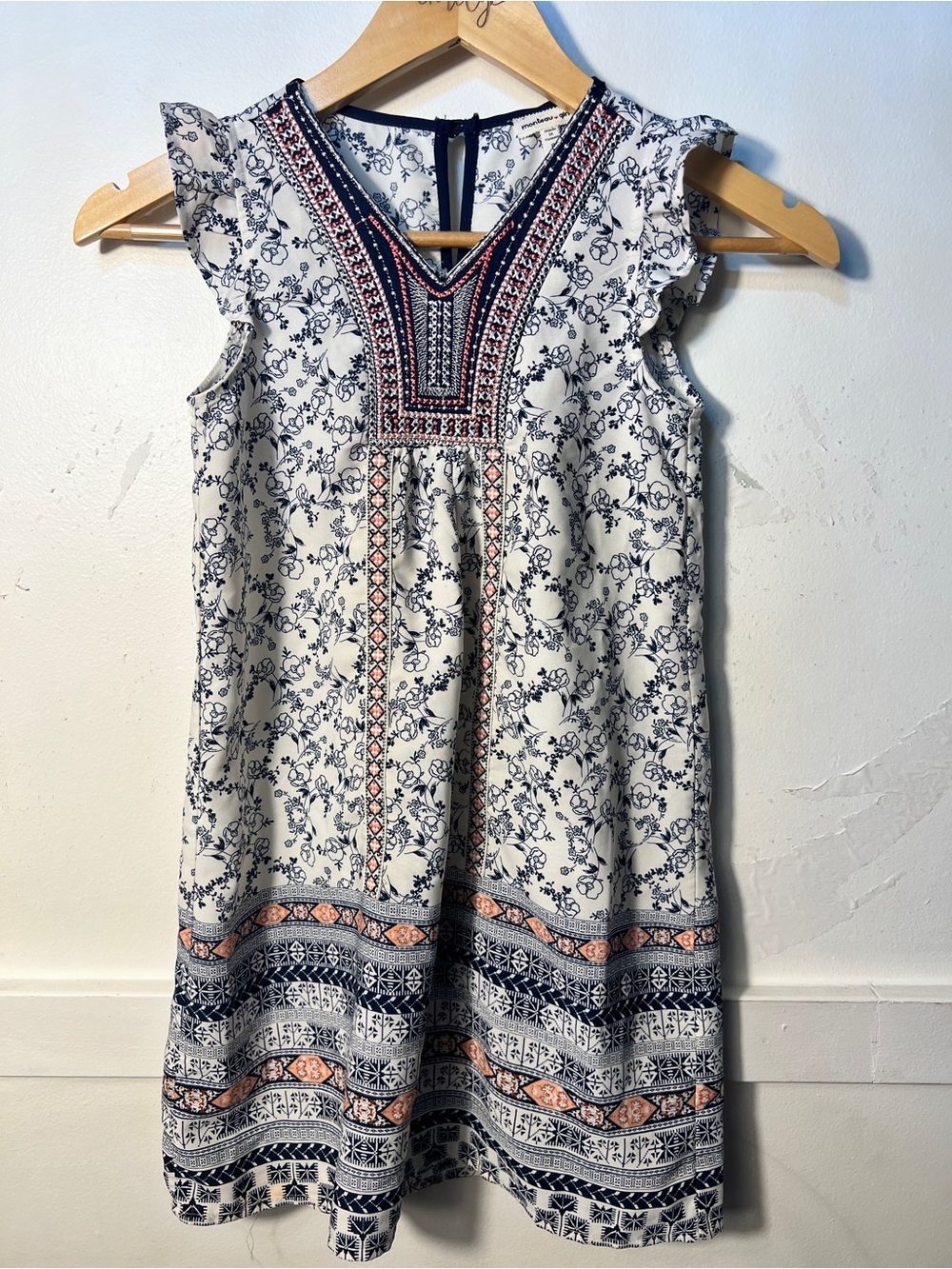 Monteau White Dress with Navy Floral Print and Coral Embroidered Yoke